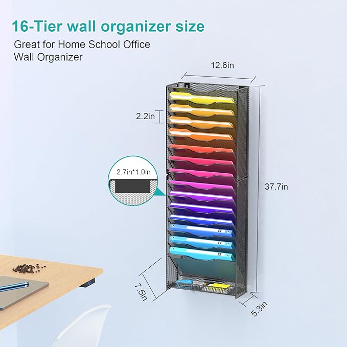 VEESUN Wall File Organizer, 16-Tier Mesh File Holder, Vertical Document Rack - Image 2