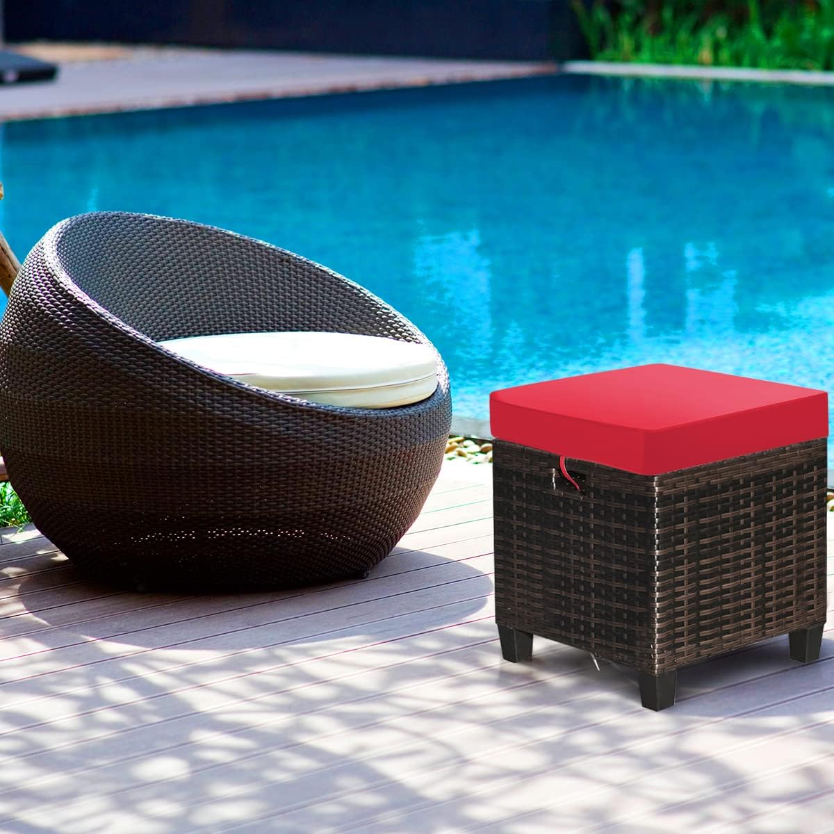 LDAILY Moccha 2 Pieces Patio Outdoor Ottoman, All Weather Rattan Patio Ottoma...