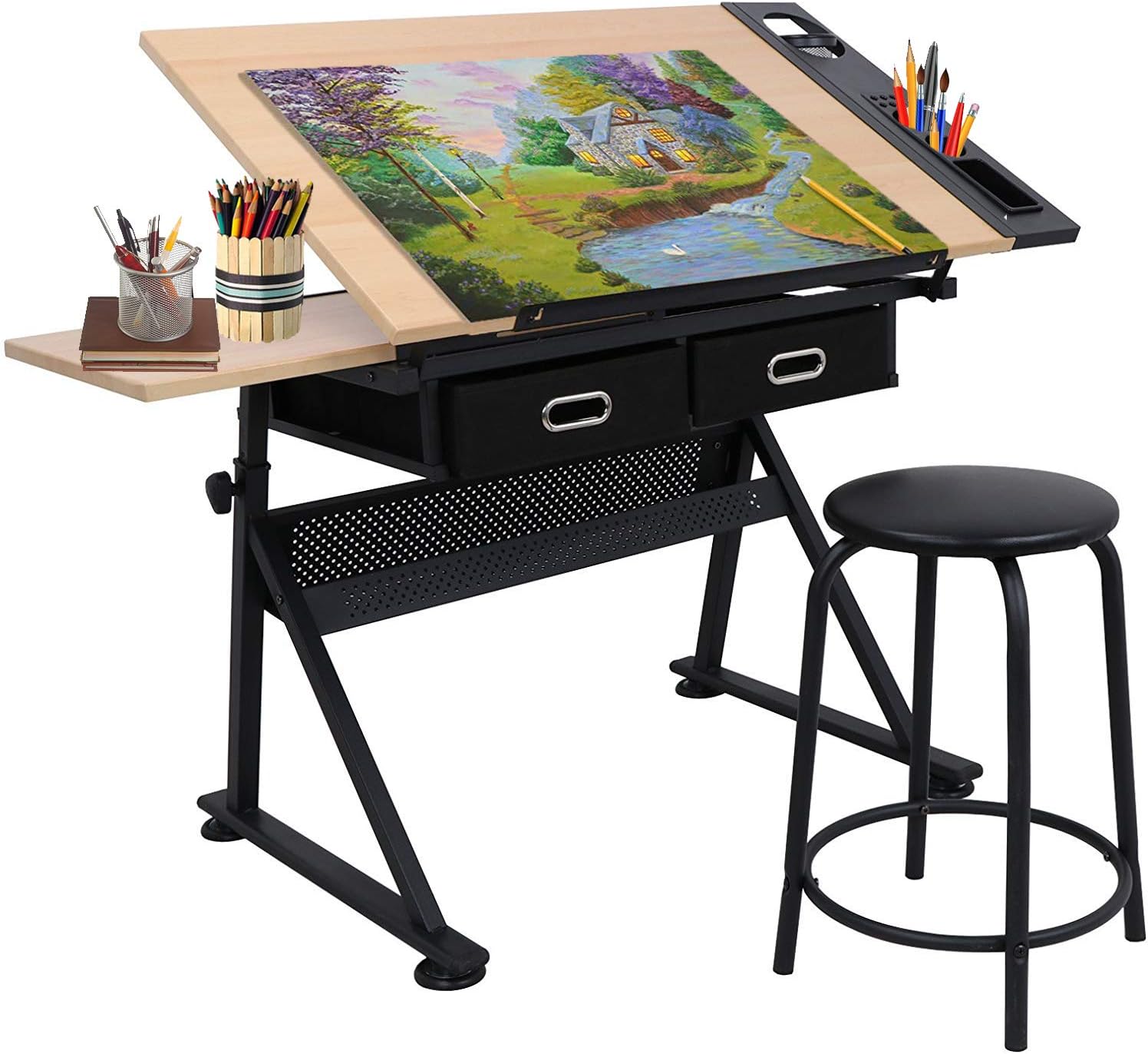 Drafting Table Drawing Desk Reclining Tiltable Tabletop Bundle Set with Stool and 2 Storage Drawers Art Writing Reading Workstation for Office and Home