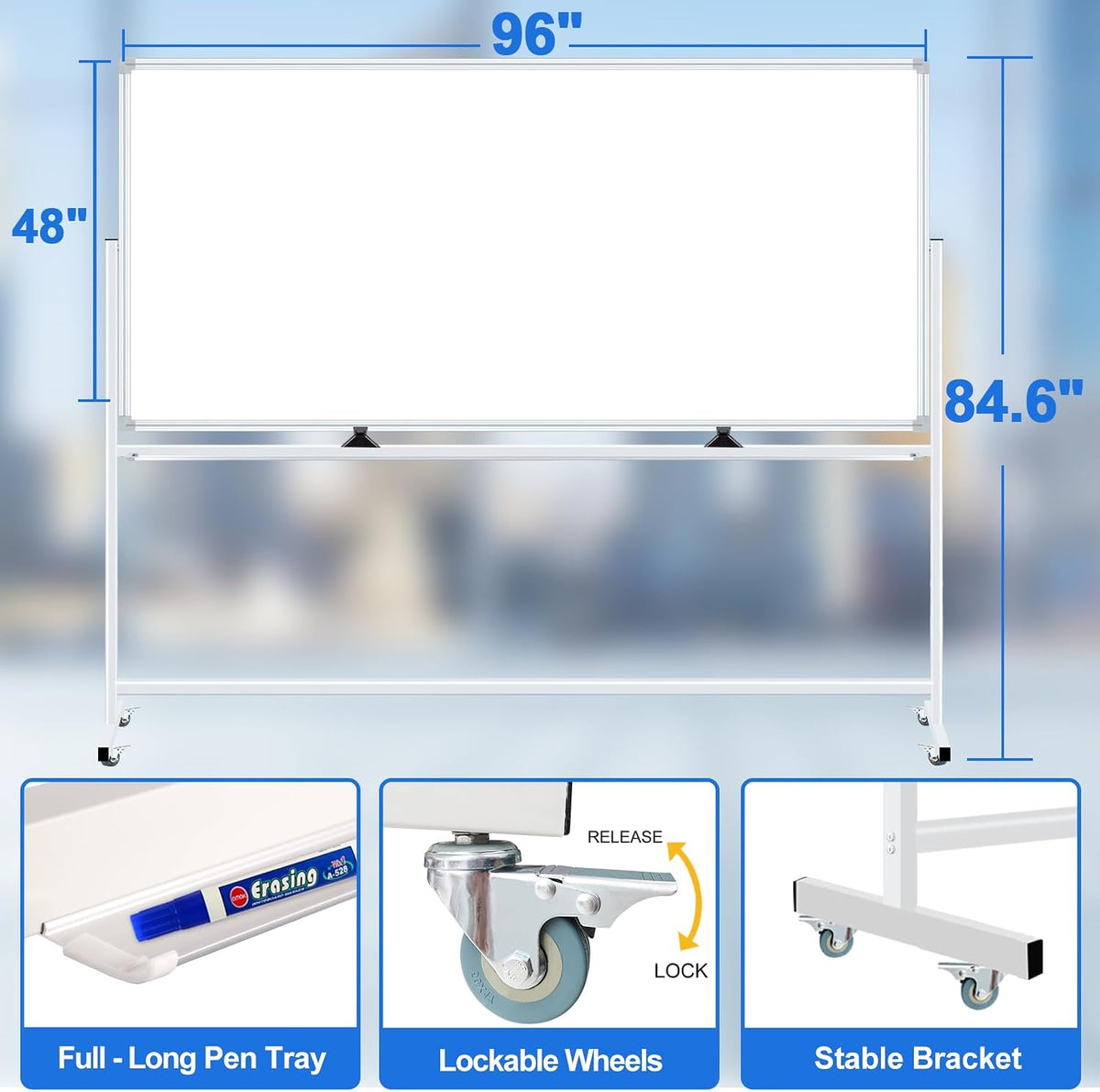 96"x48" Large Magnetic White Board Dry Erase Whiteboard with Rollin...