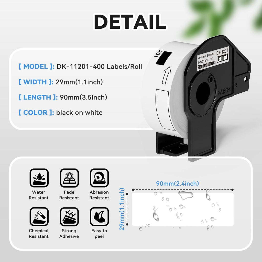 12 Rolls DK11201 Compatible Brother DK Address Labels Replacement for Brother DK-1201 (1.1 in x 3.5 in), Use with Brother QL Label Printers [12 Rolls/4800 Labels + 1 Frame]