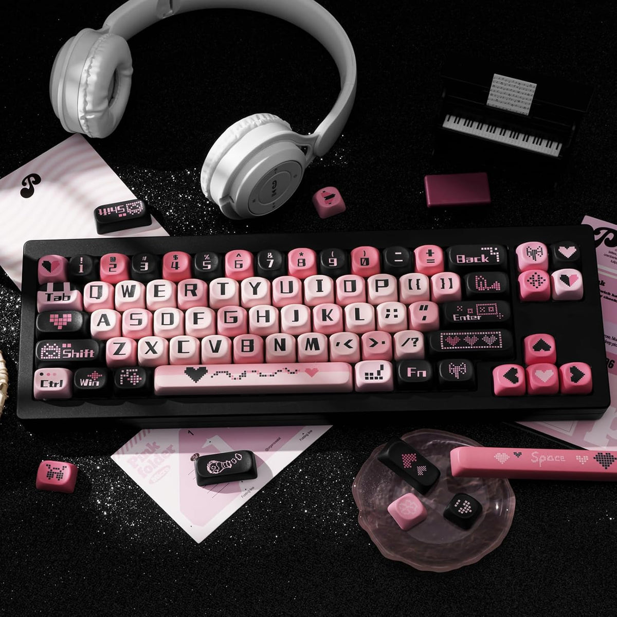 PBT Keycaps Black Pink Love Cute 131 Keys Key Cap for Cherry MX