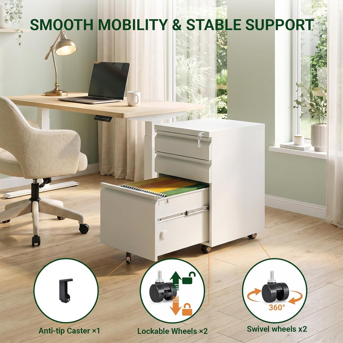 3 Drawer Metal File Cabinet with Lock & Rolling Casters