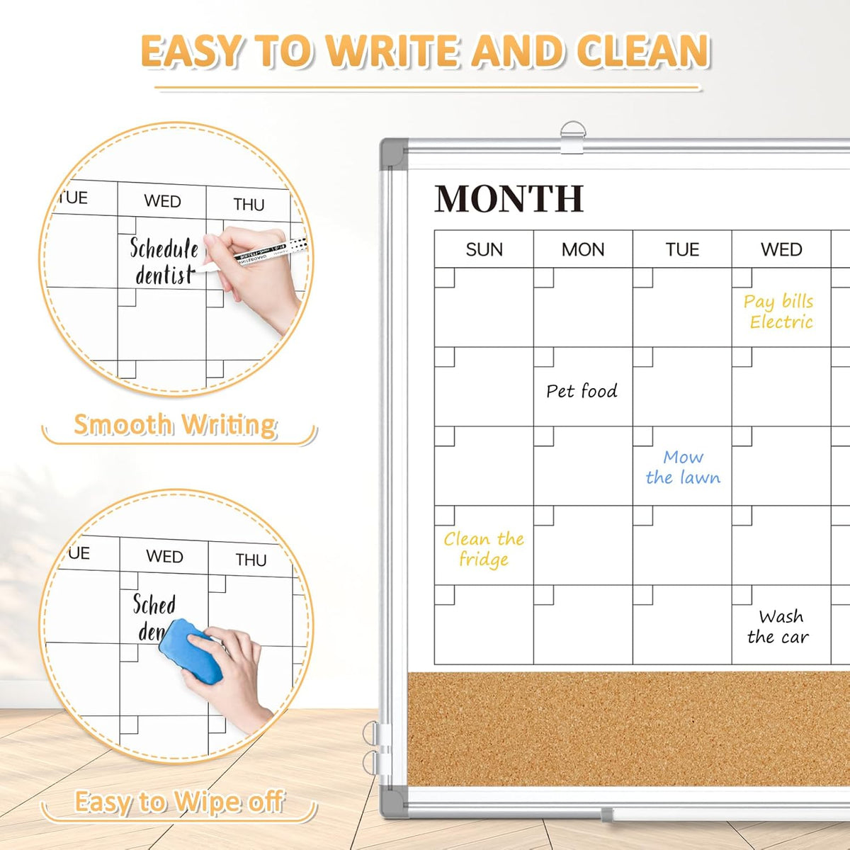 Monthly Dry Erase Calendar Whiteboard with Corkboard, 36" x 24", Si...