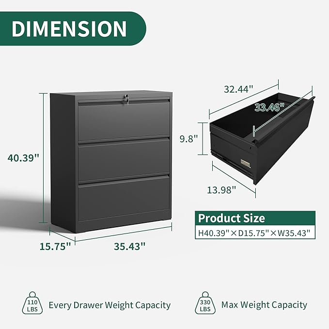 Yukimo 3 Drawer Lateral File Cabinet, File Cabinets - Image 3