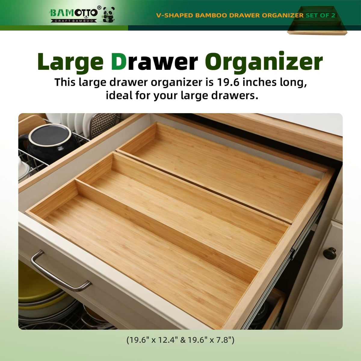 BAMOTTO CRAFTBAMBOO Long V-Shaped Bamboo Drawer Organizer Set of 2