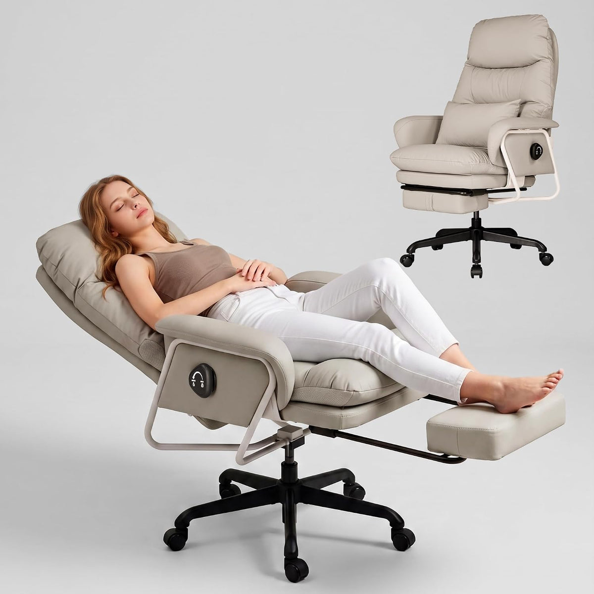 180° Reclining Office Chair with Footrest, PU Leather, Gray