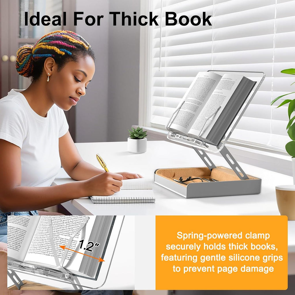 Book Stand with Storage, Book Holder for Reading Hands Free | Wooden Cookbook Stand for Kitchen Counter, Adjustable Reading Stand for Desk, Recipe Stand, Book Prop for Book Lovers -Clear