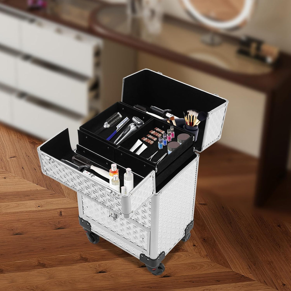 Professional Rolling Makeup Train Case - Heavy Duty Aluminum Alloy Beauty Org...