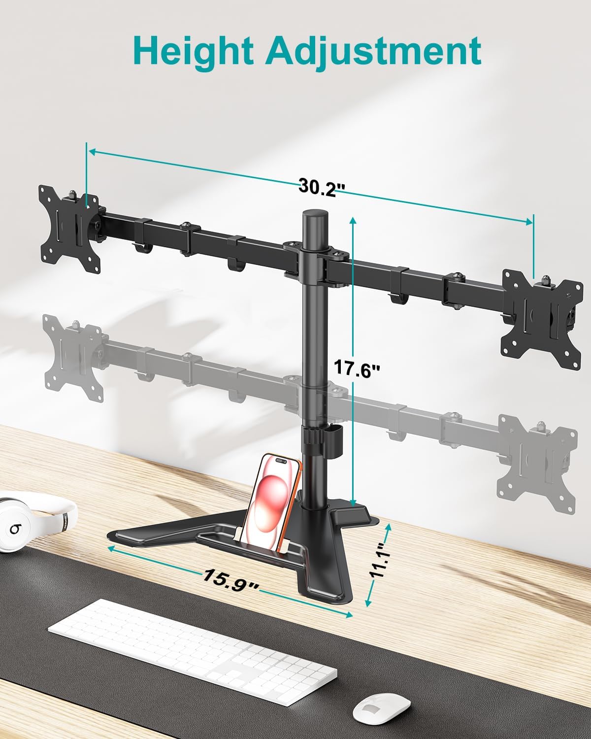 mount pro dual monitor stand, free-standing full motion shown in use