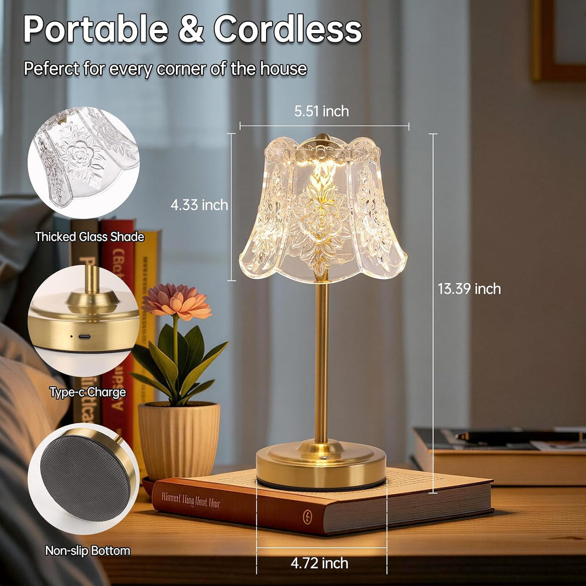 Shenmoyl Cordless Touch Table Lamp with 5200mAh Battery - 3 Adjustable Color ...