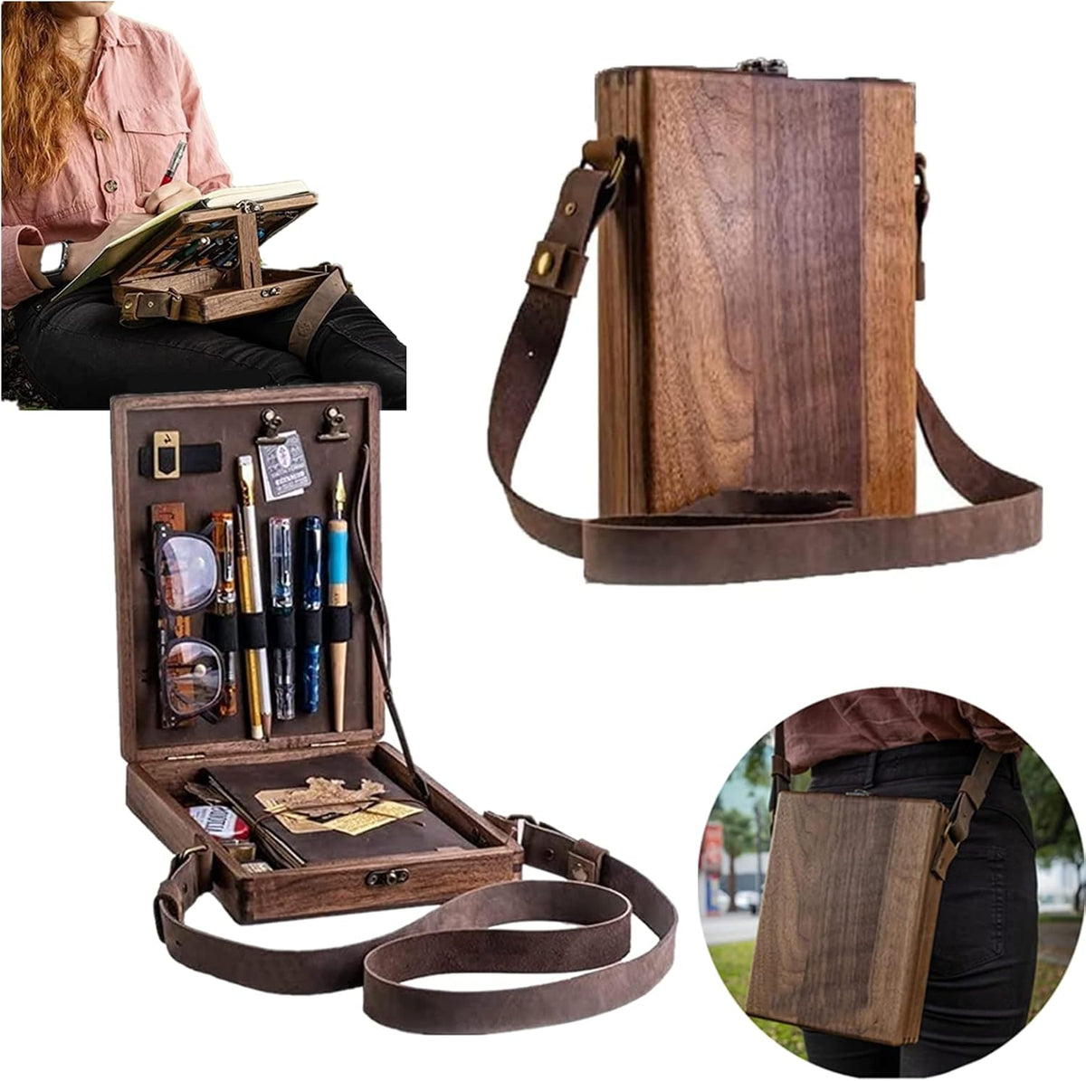 writers messenger wood box, multifunctional wooden handmade crossbody, main product view