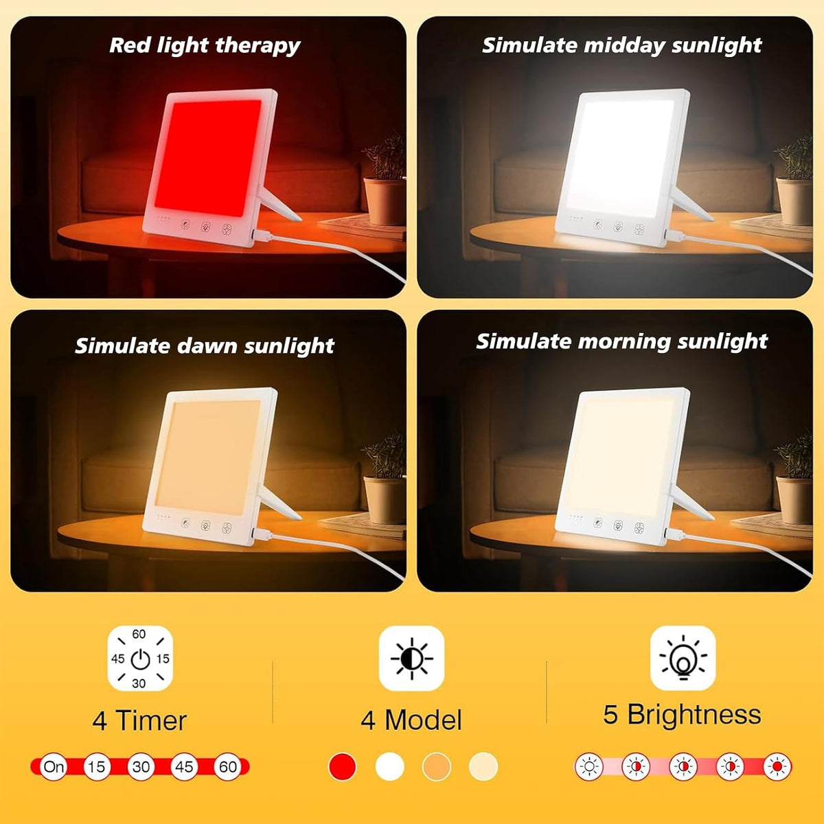 Sun Light Therapy Lamp, 10000 Lux & Red Light for Face, UV-Free