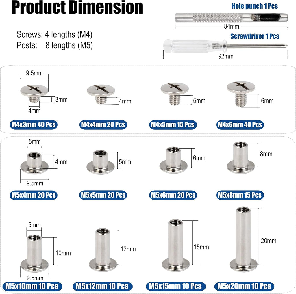 115 Sets Chicago Screws Kit for Leather Crafts, 304 Stainless Steel Binding Screws Rivet, 8 Sizes (M5x4/5/6/8/10/12/15/20mm) Binding Post with Tools (Silver)