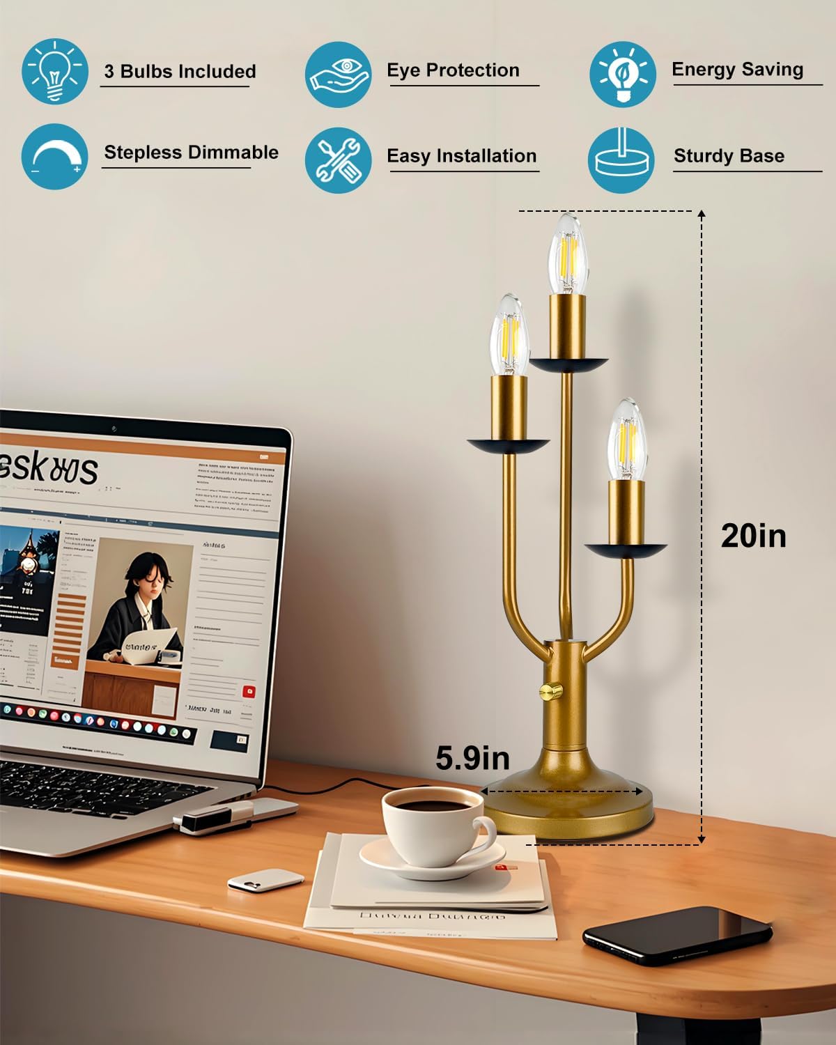 Lightdot Vintage Candelabra Table Lamp Dimmable Gold Lamp 3 Bulbs Included