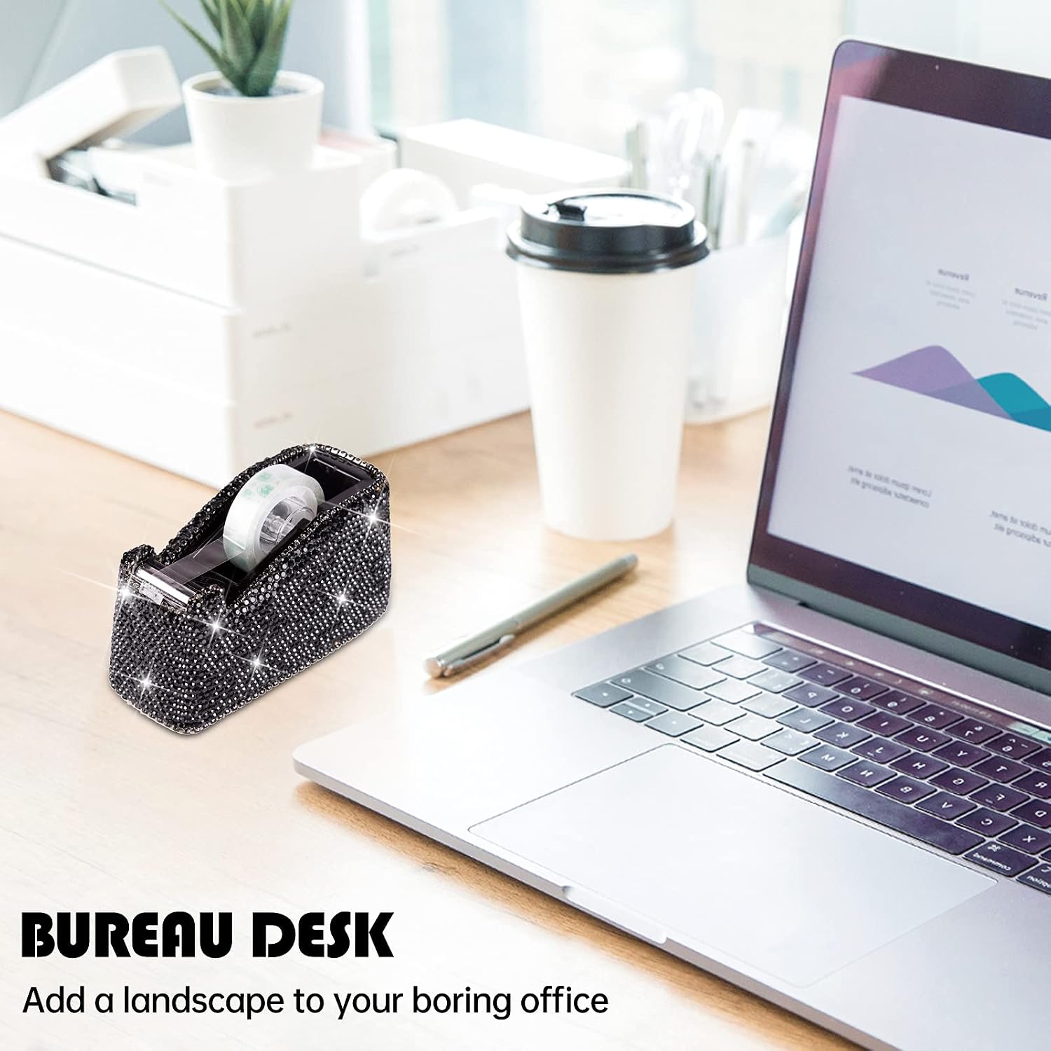 Bling Crystal Luxury Handmade Diamond Desktop Tape Dispenser for Fashion Girls Women (Black)