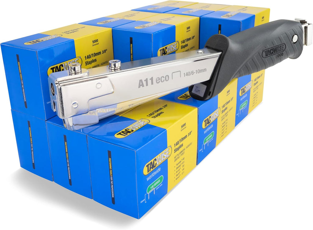 Tacwise 1185 ECO A11 Hammer Tacker with 75.000 Staples Type 140/10mm (T50). Uses Type 140 Staples (T50) , 6-10mm (1/4" - 3/8"). Manual Hammer Stapler Kit for Roofing, Insulation, Floor, Construction