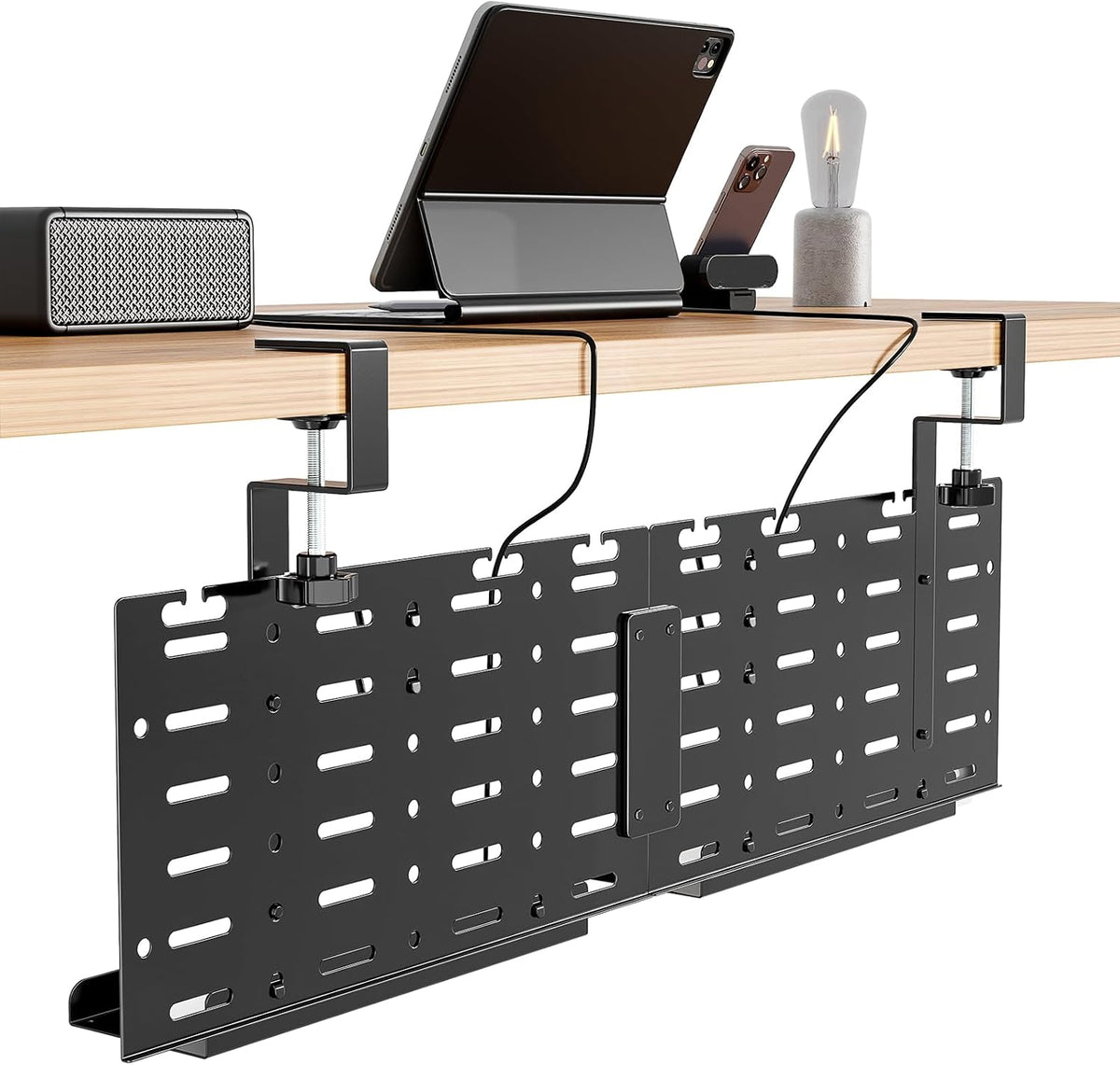 PEGZONE Under Desk Cable Management Tray, 30.2" No-Drill C-Clamp Pegboard