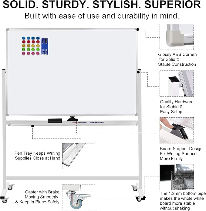 Max-officoo 60"x40" Mobile Whiteboard Double-Sided Magnetic Large Dry Erase - Image 2