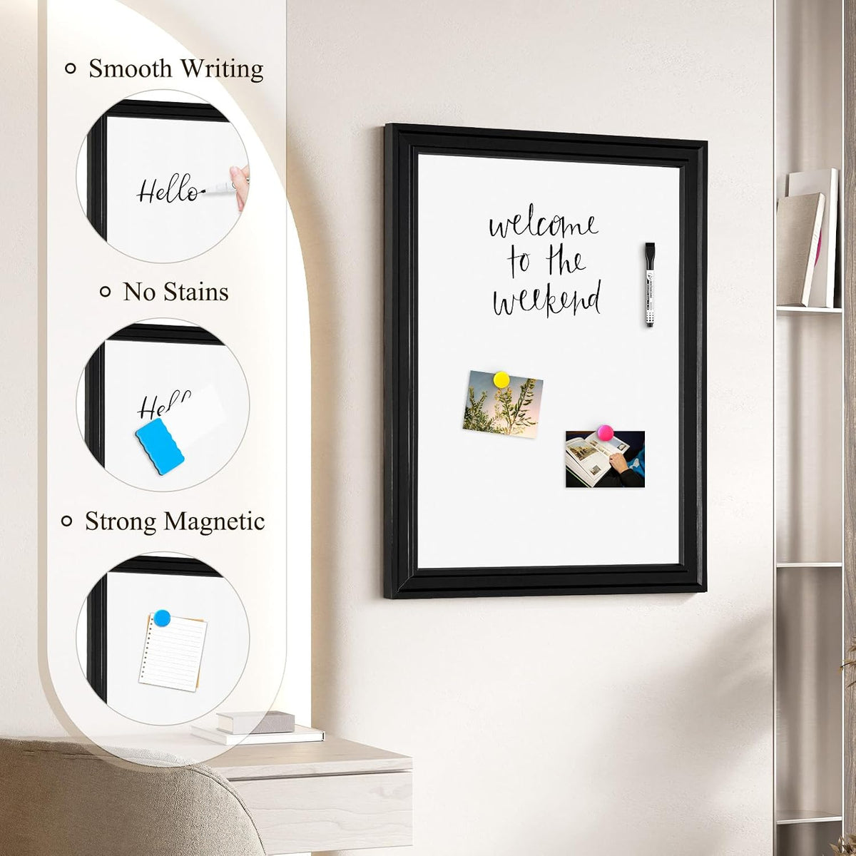 4 THOUGHT Large Dry Erase Board, 48" x 36" Magnetic Whiteboard, Black