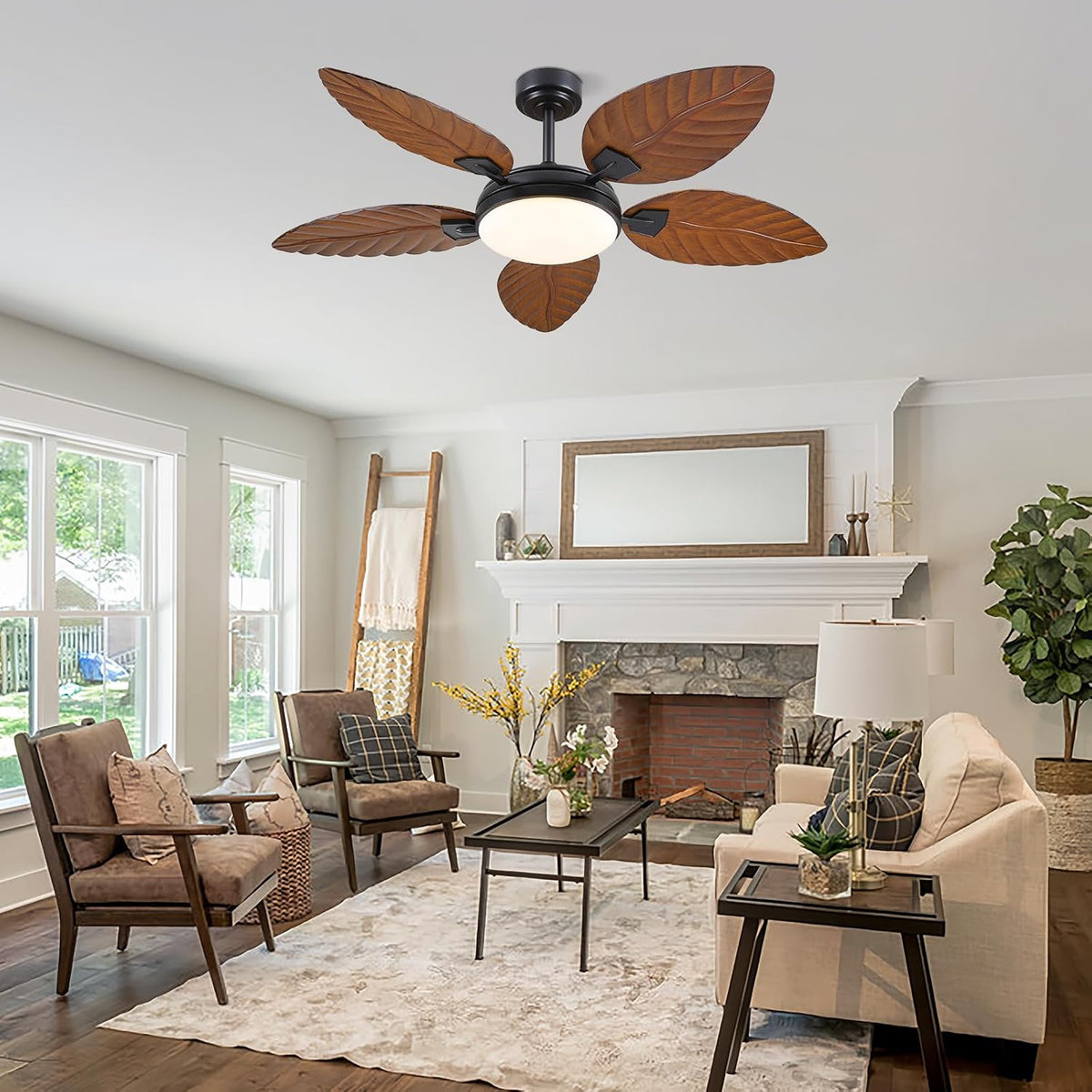 52"brown tropical outdoor palm leaf ceiling fans with on a desk or shelf