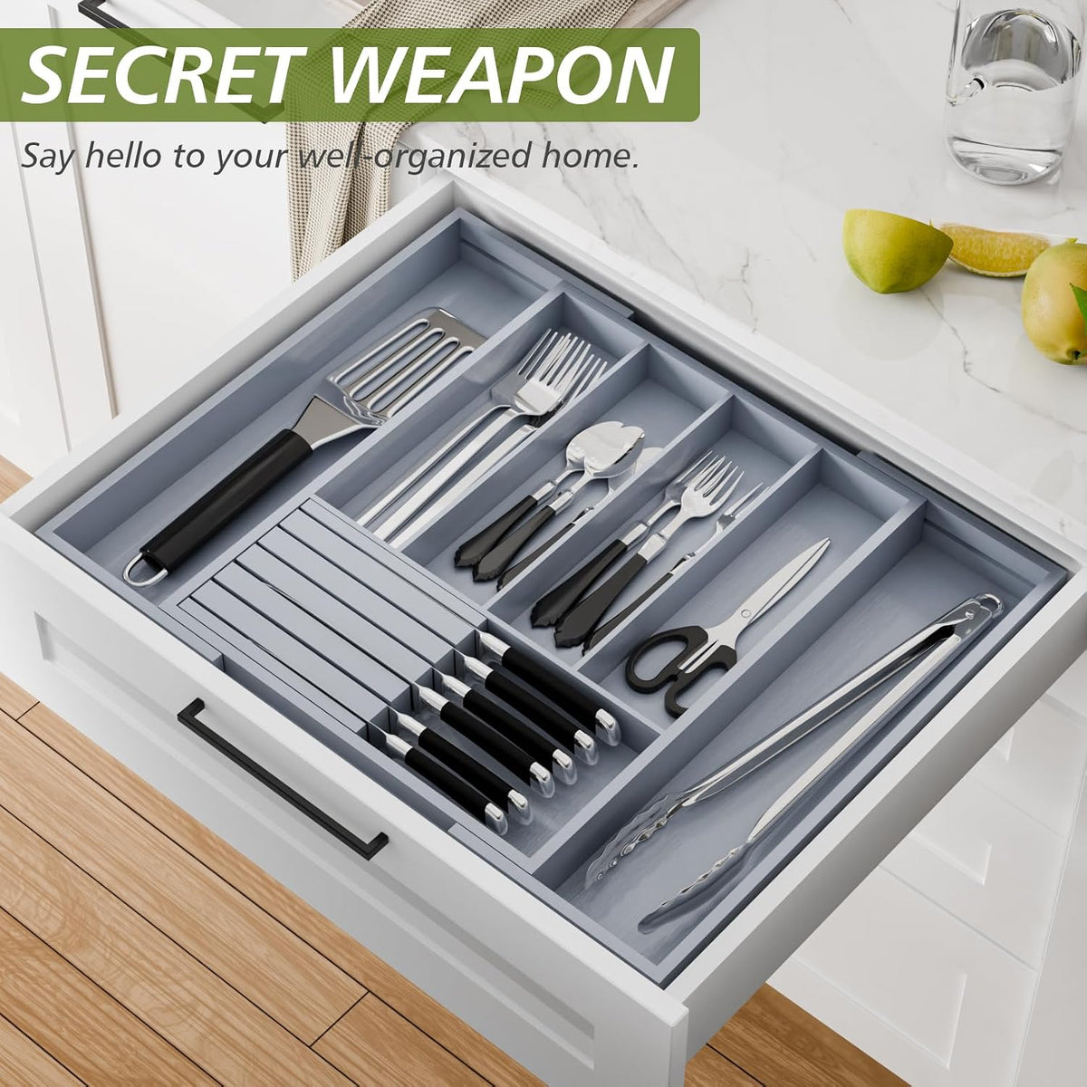 Bamboo Kitchen Silverware Drawer Organizer - Expandable Wood Utensil Holder w...