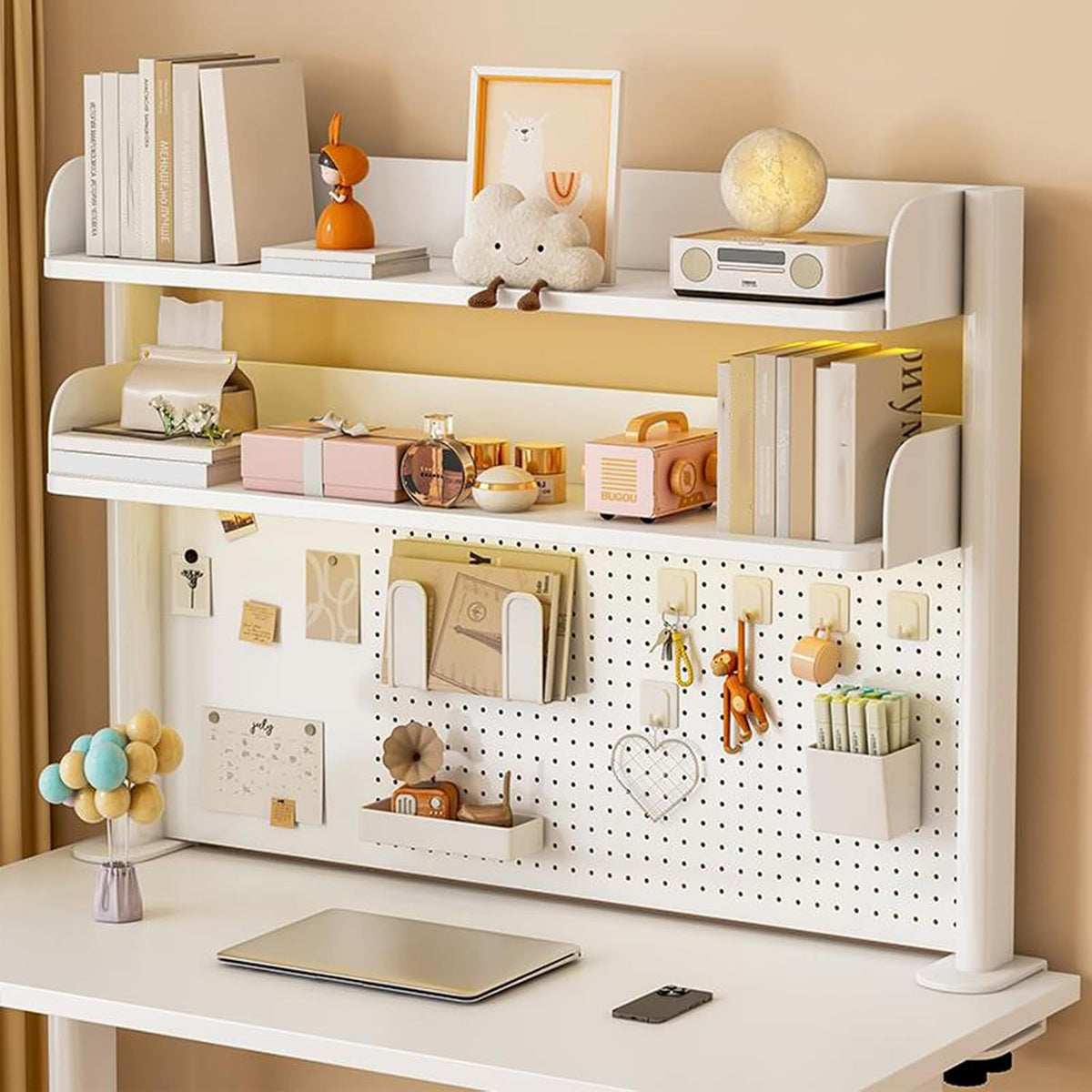 31.4in Clamp on Desk Shelf with Pegboard, White Desktop Bookshelf Organizer