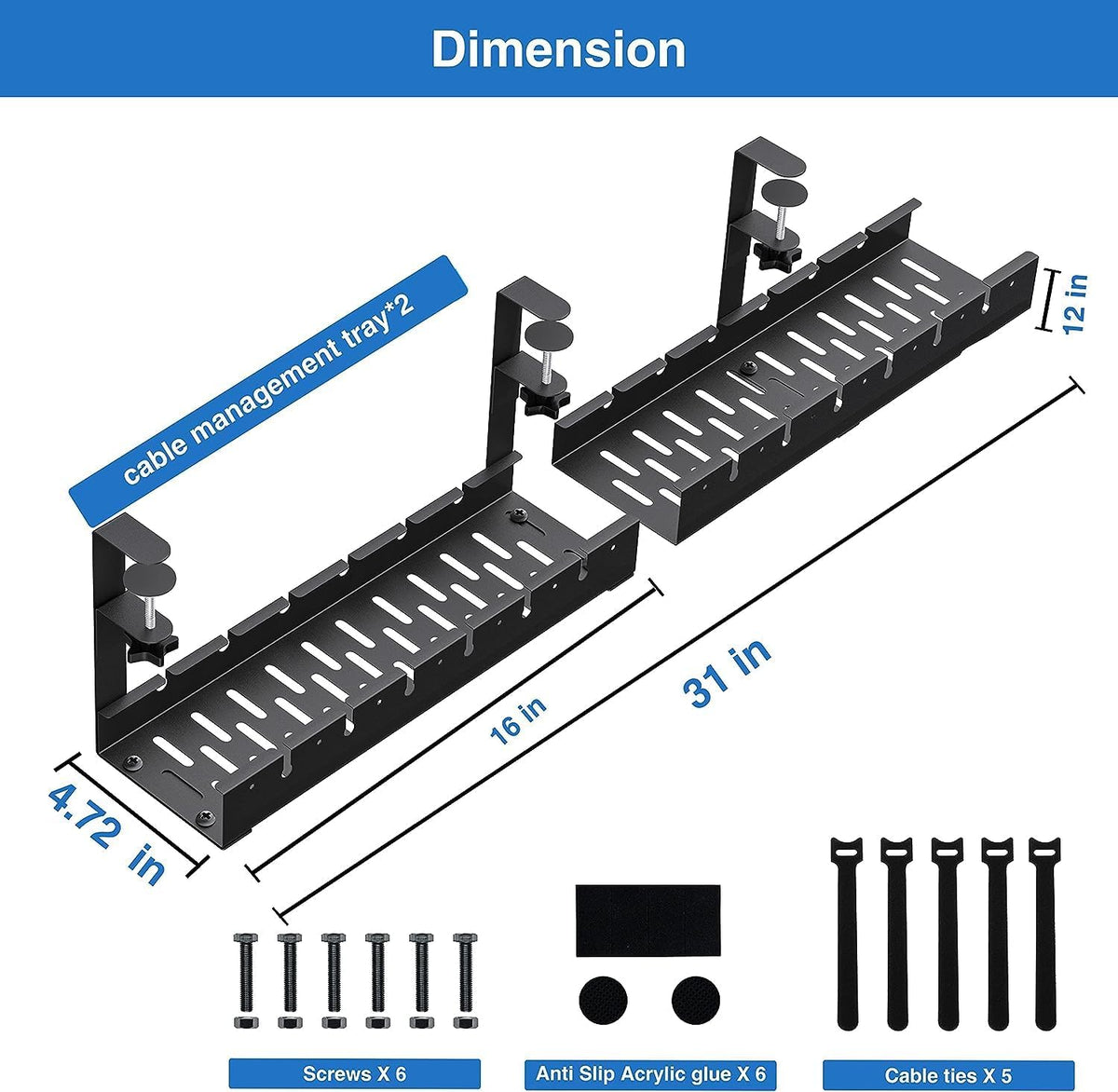 No Drilling Extendable Under Desk Cable Management, Metal Cable Management Tr...