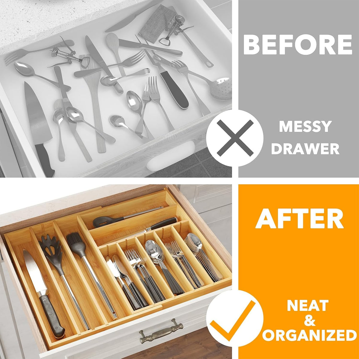 SpaceAid 2.5" High Bamboo Silverware Drawer Organizer with Labels, Kitch...