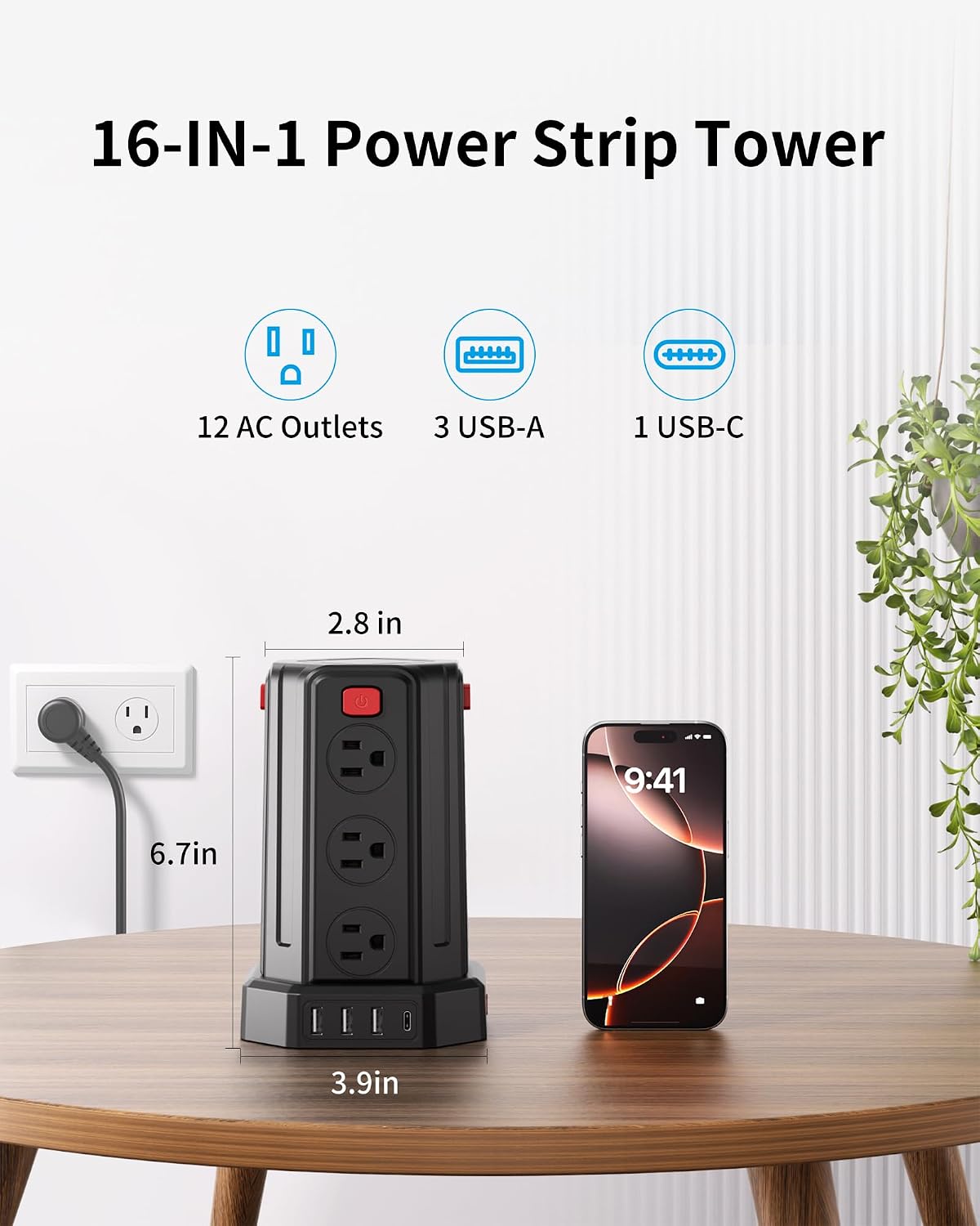 Power Strip 6.5 Ft Extension Cord with 12 AC Multiple Outlets 4 USB (1 USB C)...