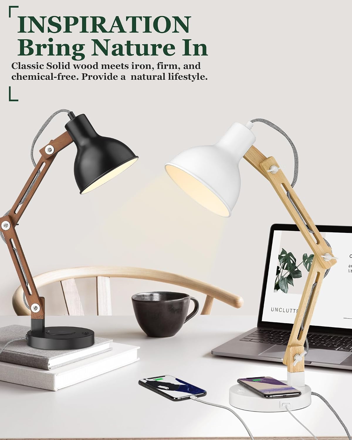 ELYONA Japandi White Desk Lamp with Wireless Charger, Solid Wood Table Lamp w...
