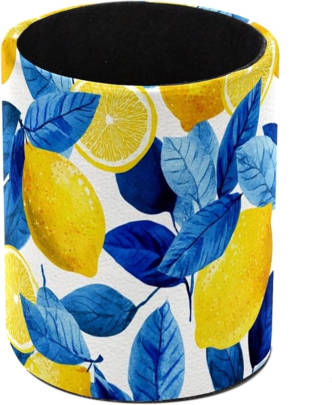 Leather Pen Holder for Desk Lemons Blue Leaves Pattern Pencil Cup Desktop by Unknown