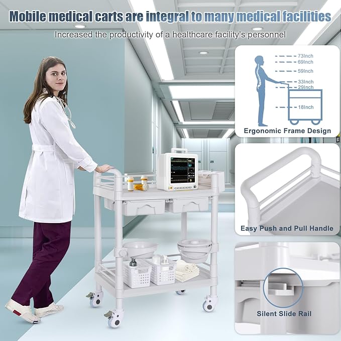 Medical Carts with Wheels 2 Tier Mobile Esthetician Cart 220 LBS Load Hospital - Image 3
