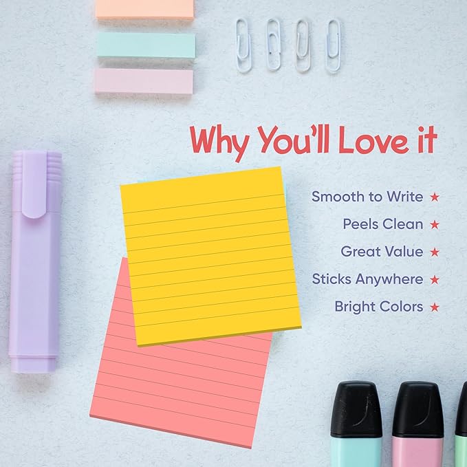 Lined Sticky Notes 3x3 Pack of 8, Bright Colored Super Self Sticky Pads - Image 5