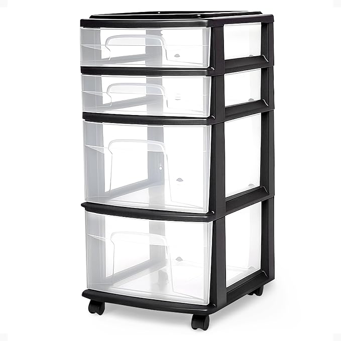 HOMZ Drawer Tower, 4-Tier Clear Plastic Storage Organizer Cart, and Office by Homz