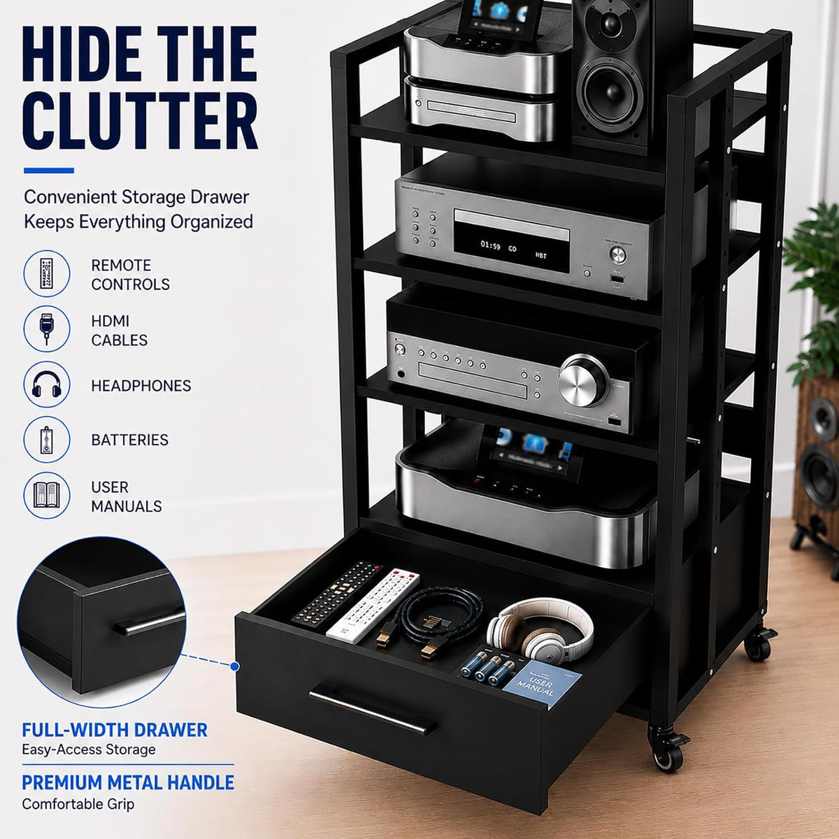 4-Tier Audio Rack with Wheels, AV Media Stand