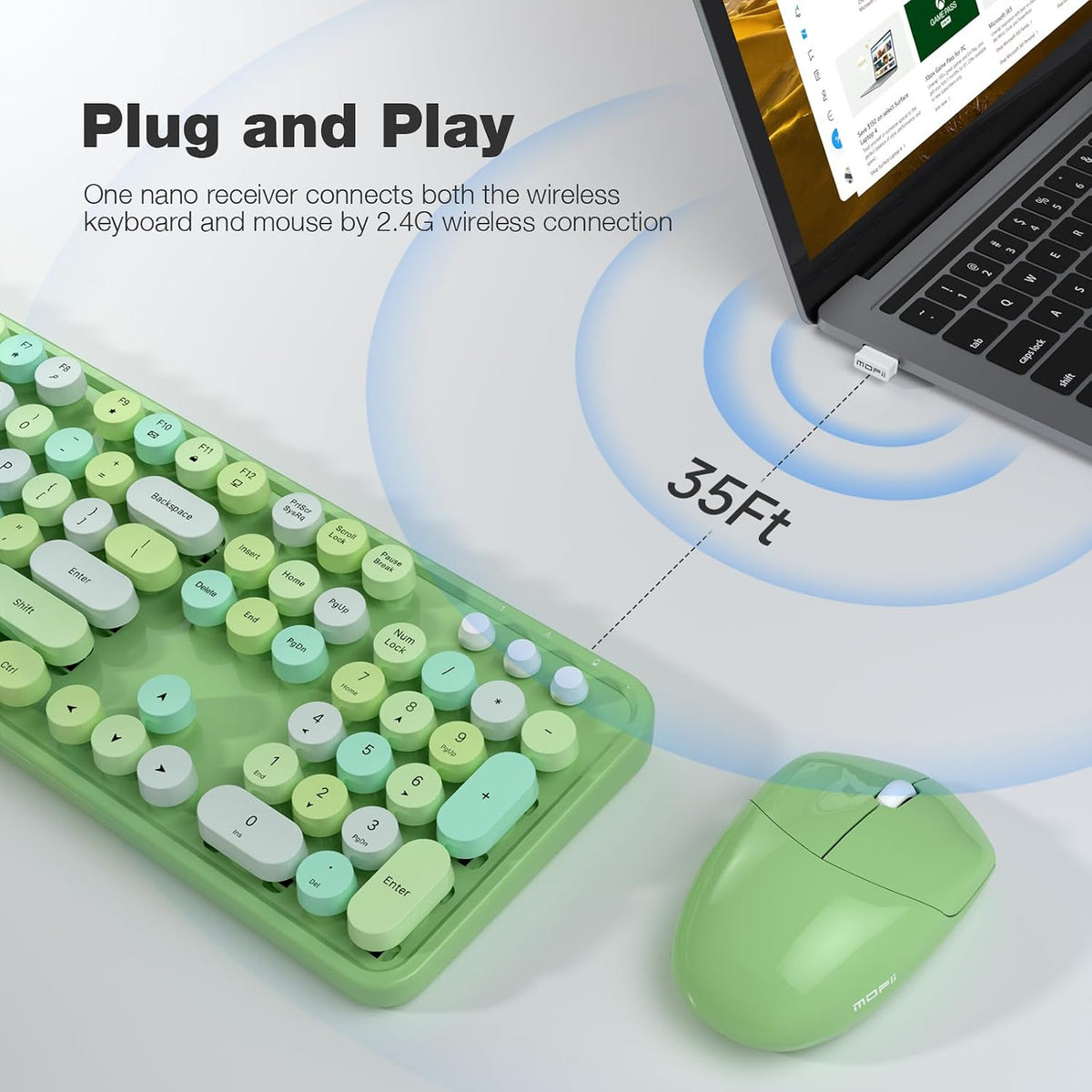KNOWSQT Wireless Keyboard and Mouse Combo, Green 104 Keys Full-Sized 2.4 GHz ...