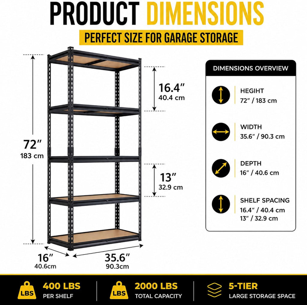 garage shelving, 36"w x 16"d x 72"h, 5-tier, close-up detail