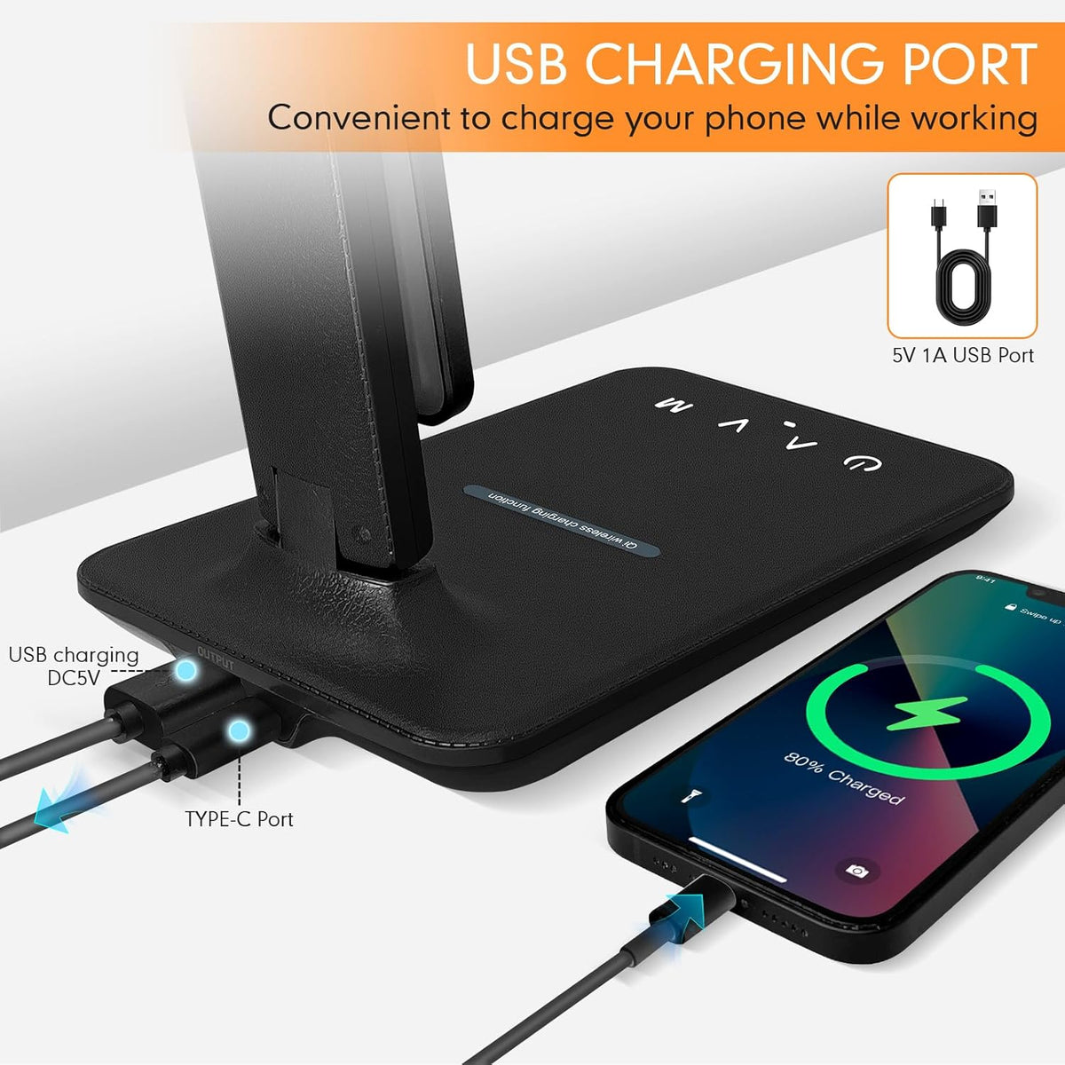 White crown LED Desk Lamp with 15W Wireless Charger & USB Port, Dimmable ...