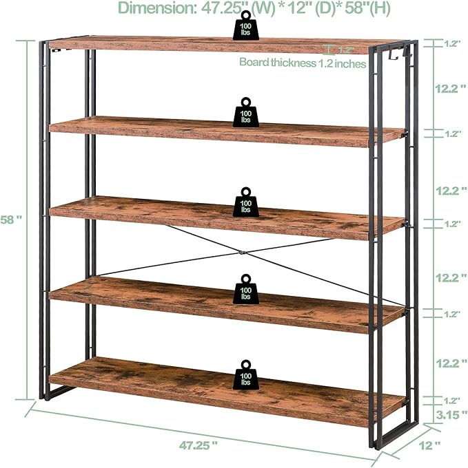 HCHQHS Bookshelf, 5-Tier Industrial Bookcase, Rustic Open Book Shelf, - Image 3