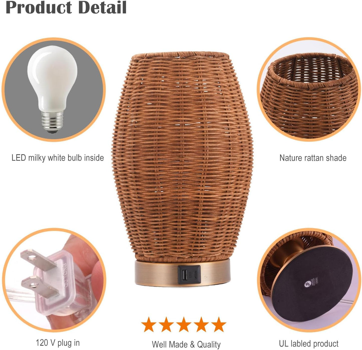 Boho Style Rattan Table Lamp,Dimmable Bamboo Desk Lamp,Touch & USB Charge...