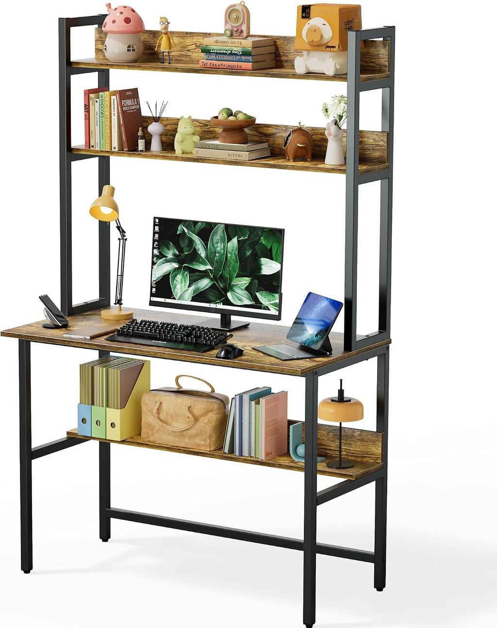 40 Inch Desk with Shelves, Computer Desk with Hutch | Home Office Desk with Bookshelf, Study Table with Storage Shelf for Study/Writing/Workstation, Brown
