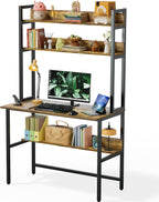 40 Inch Desk with Shelves, Computer Desk with Hutch | Home Office Desk with Bookshelf, Study Table with Storage Shelf for Study/Writing/Workstation, Brown