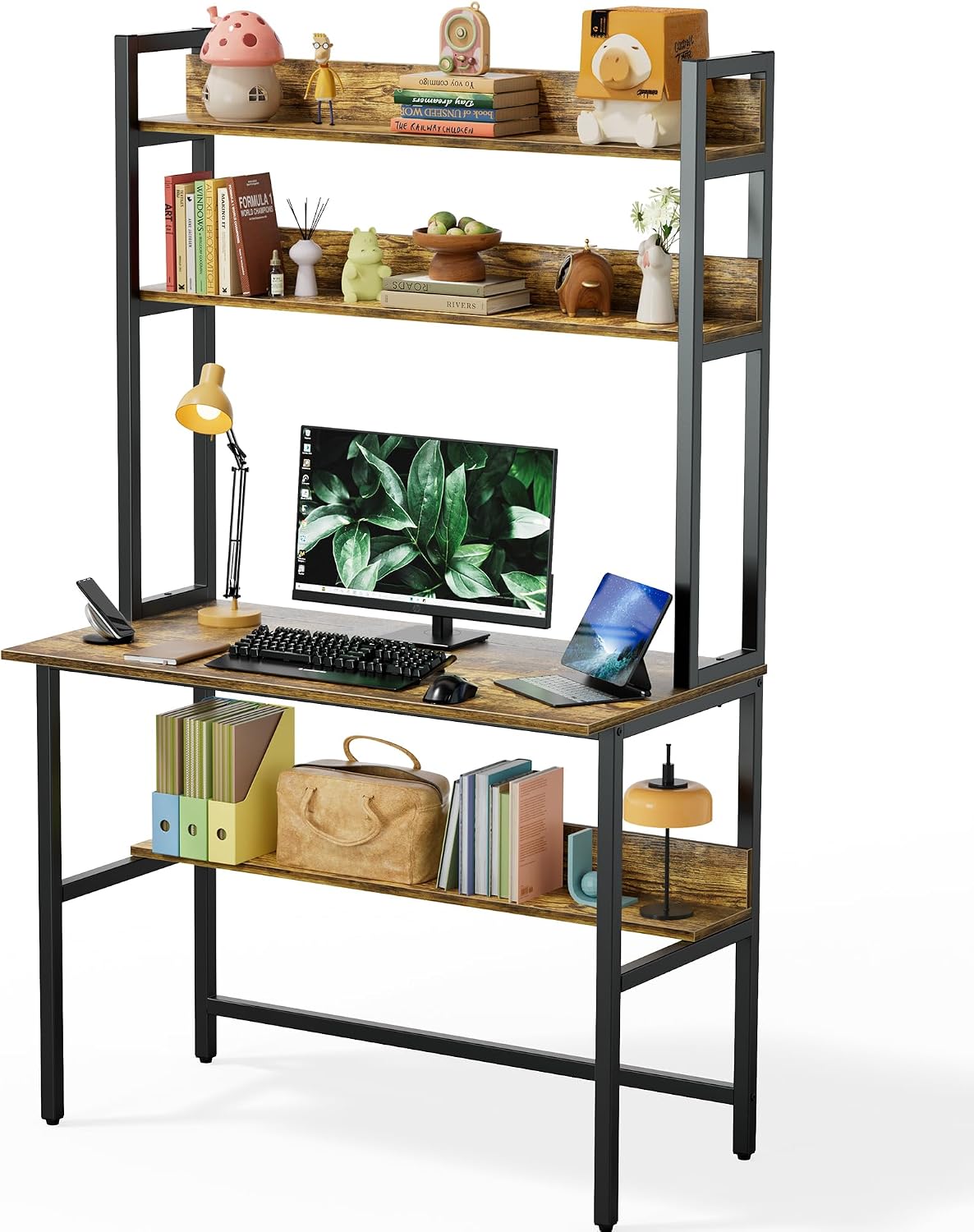 40 Inch Desk with Shelves, Computer Desk with Hutch | Home Office Desk with Bookshelf, Study Table with Storage Shelf for Study/Writing/Workstation, Brown