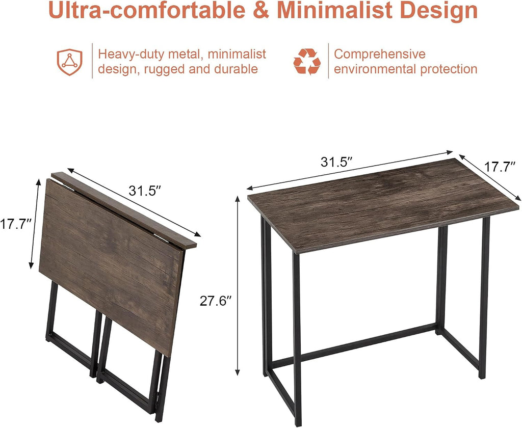 VECELO Folding Desk 31.5 Inch Writing Desk Home Office Sturdy Steel Laptop Table for Home Office Work Classic Brown