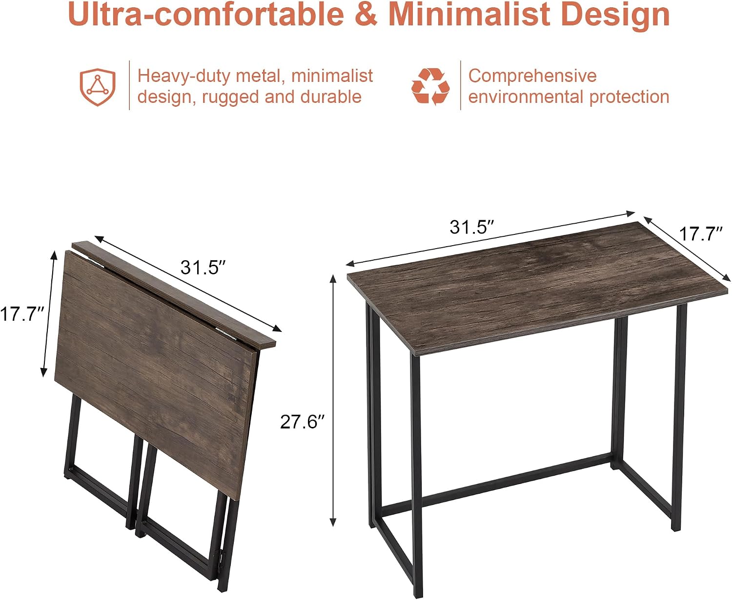 VECELO Folding Desk 31.5 Inch Writing Desk Home Office Sturdy Steel Laptop Table for Home Office Work Classic Brown