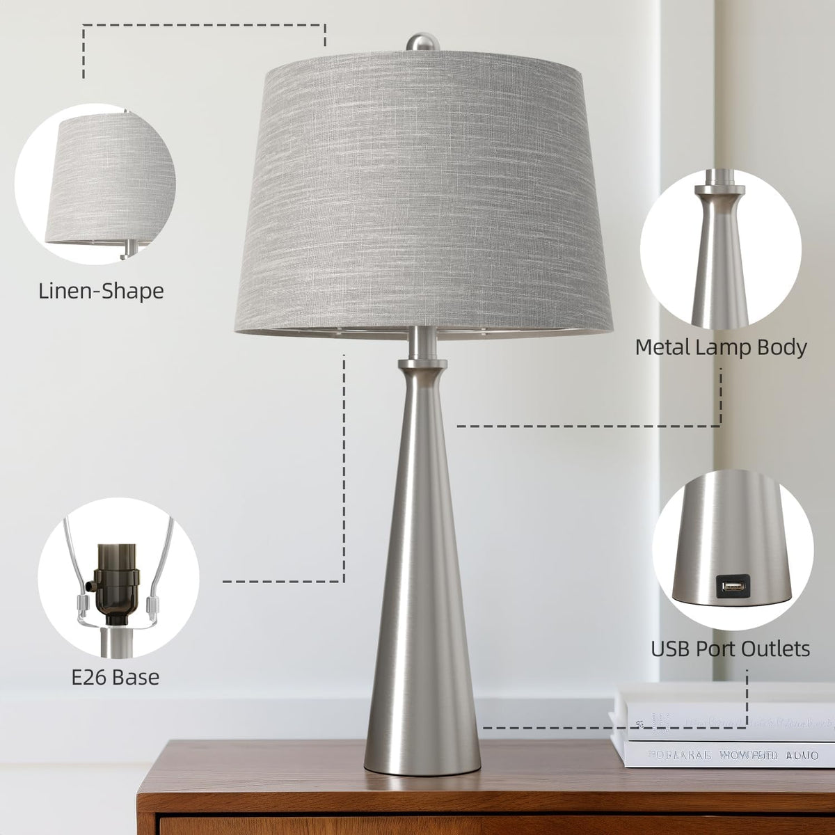 Oneach 25.75" Modern Table Lamp for Bedroom Set of 2, USB C Port, Silver