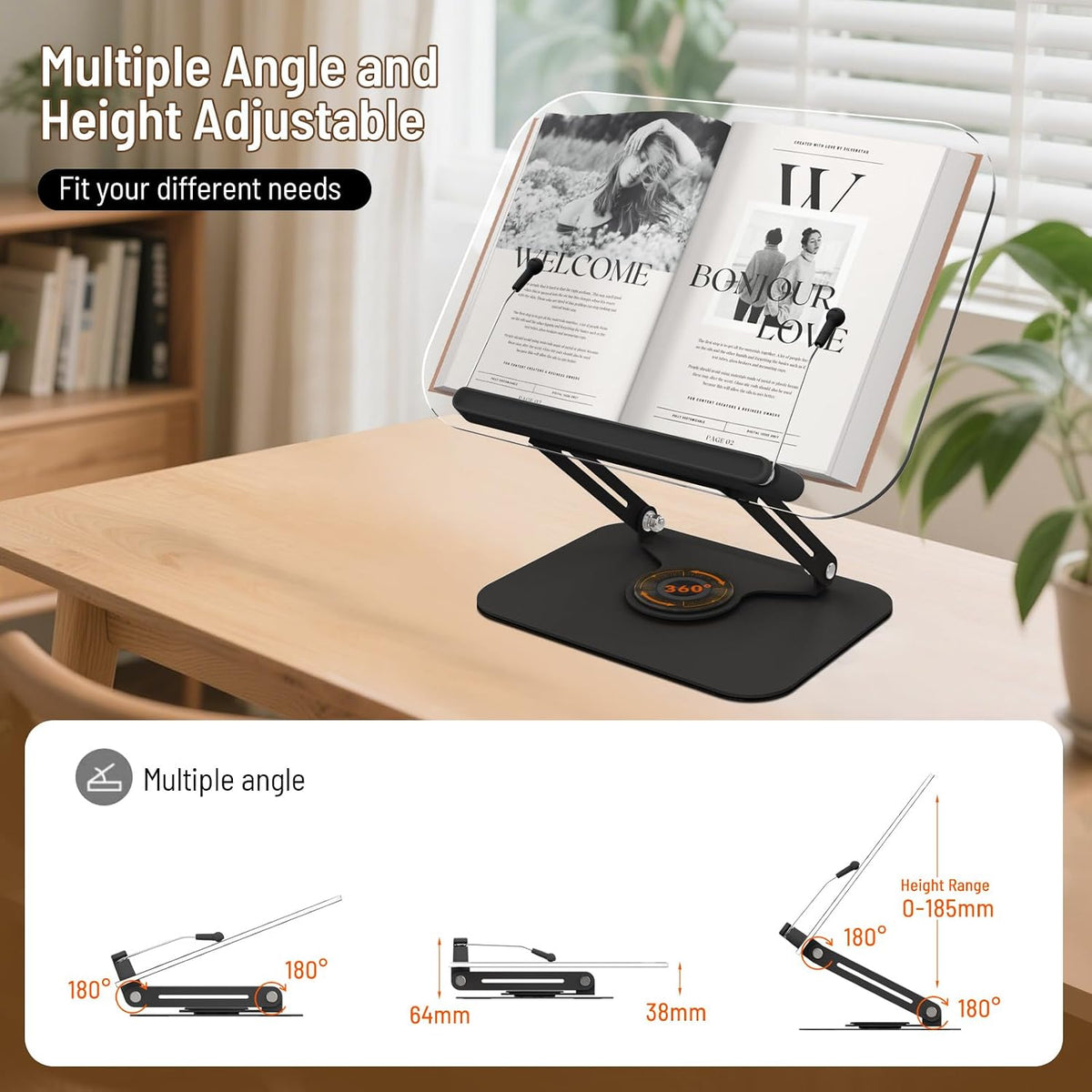 Acrylic Book Stand for Reading Hands Free - Adjustable 360° Rotating Cookbook...