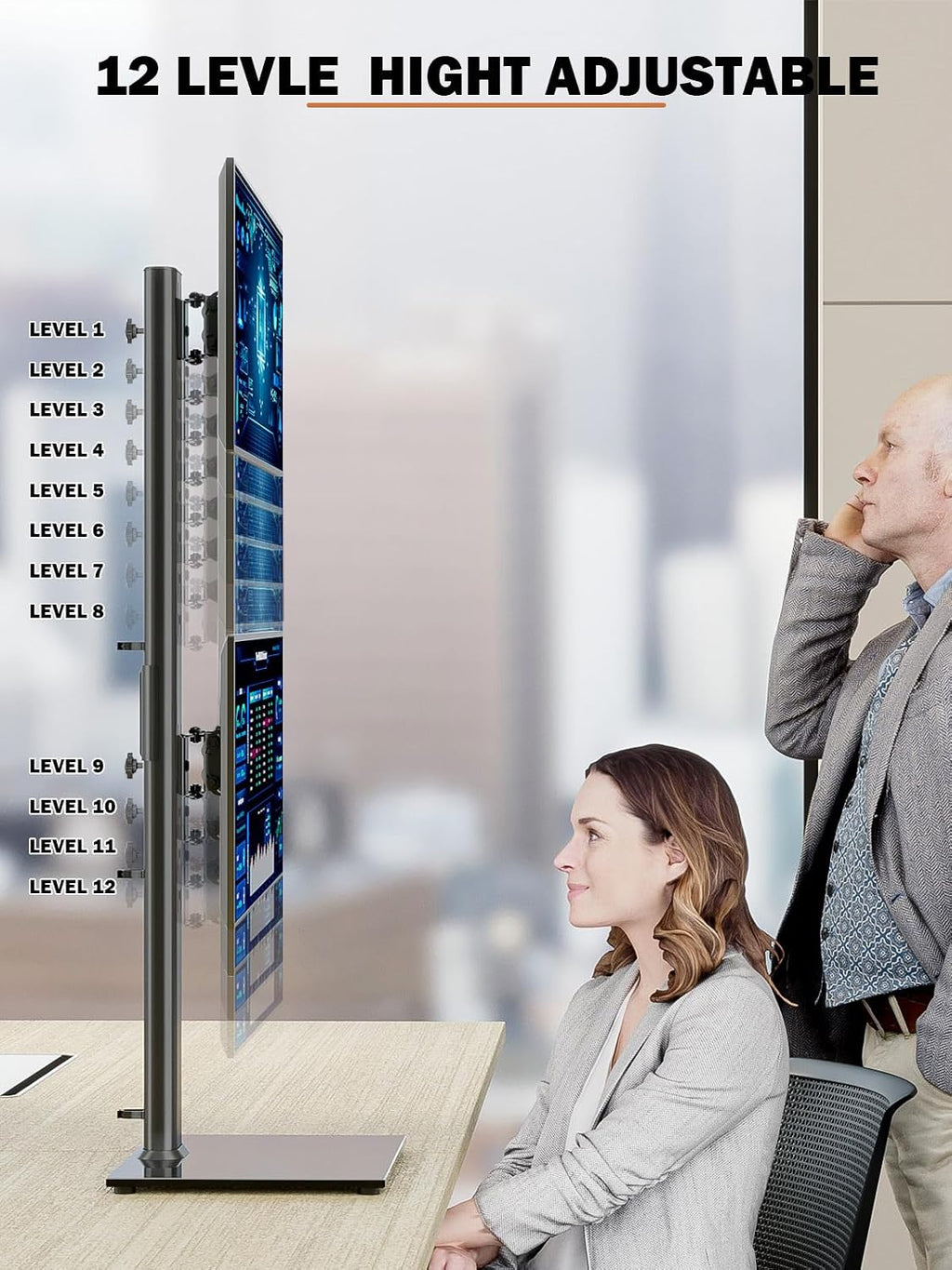 dual monitor stand - vertical stack screen free-standing, close-up detail