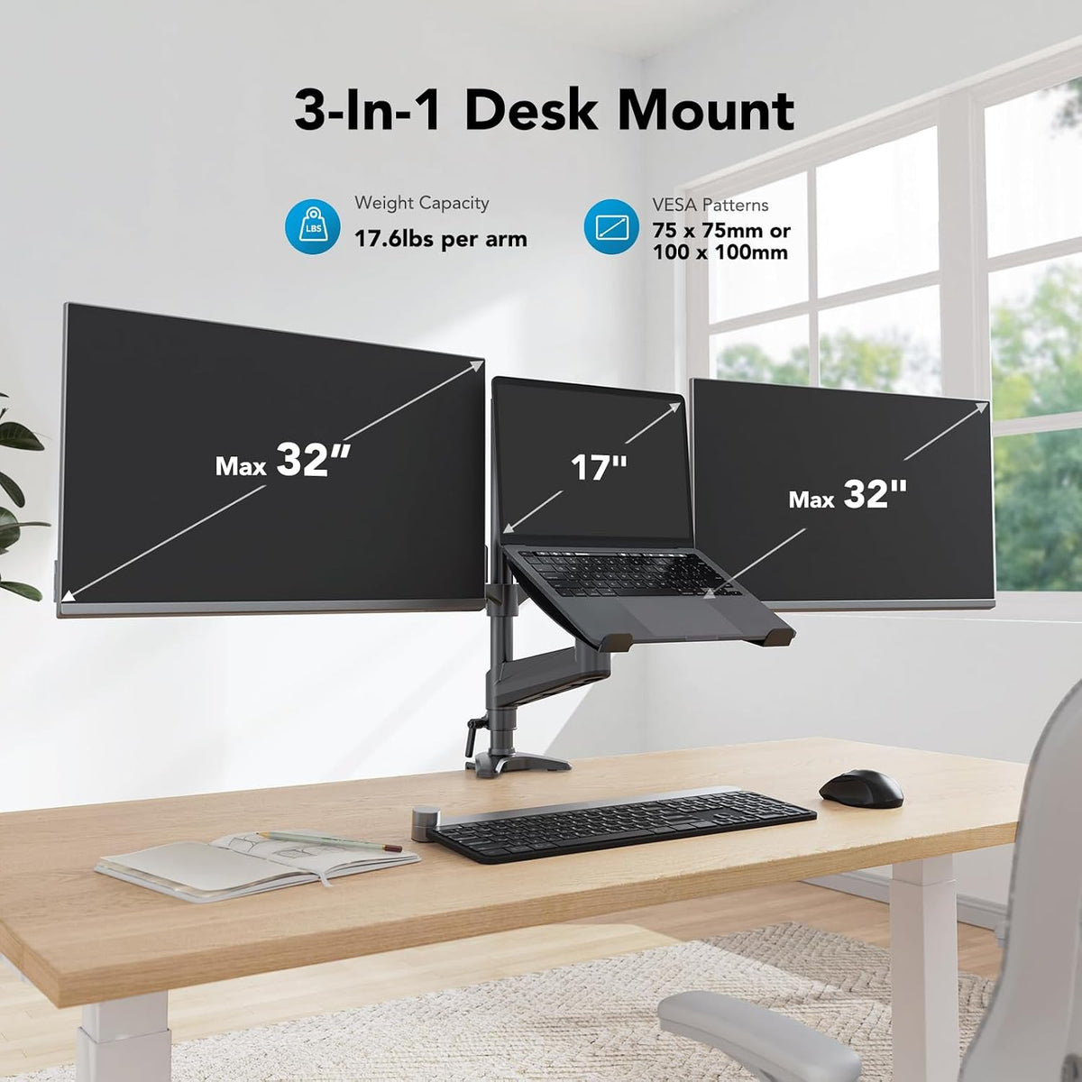 HUANUO Dual Monitor and Laptop Mount for Max 32” Monitor and 17” Laptop, Adju...
